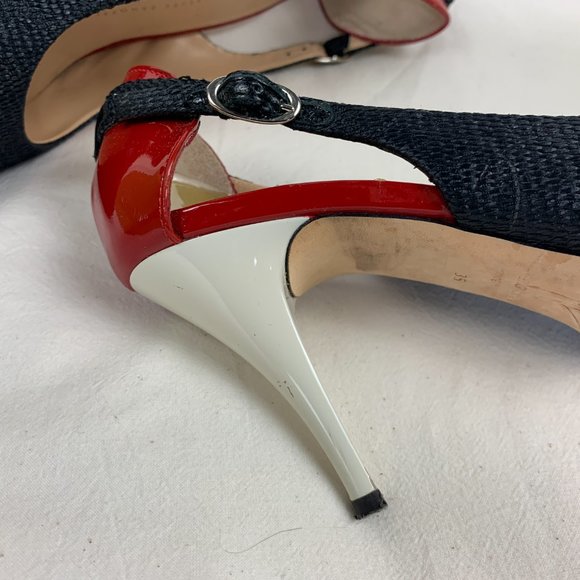 Giuseppe Zanotti Stiletto in Black Straw with Red & White Patent Heel - Picture 9 of 10